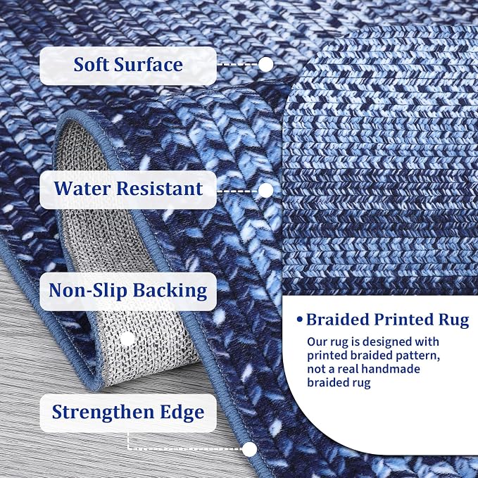 RUGSREAL Large Bedroom Rug 6x9 Washable Braided Print Living Room Rugs | Non Slip Low Pile Farmhouse Rustic Carpet Geometric Bordered Braided Carpet for Nursery Kitchen Home Office, Navy