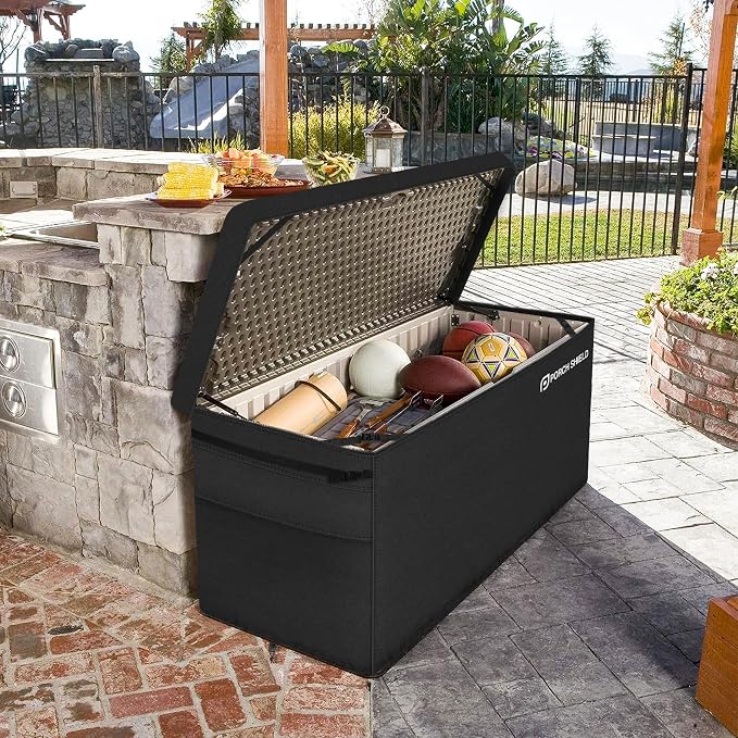 Porch Shield Patio Deck Box Storage Cover - 600D Outdoor Waterproof Tear Resistant Rectangular Fire Pit Table Cover 50 x 25 x 24 inches（Top Zipper, Black）