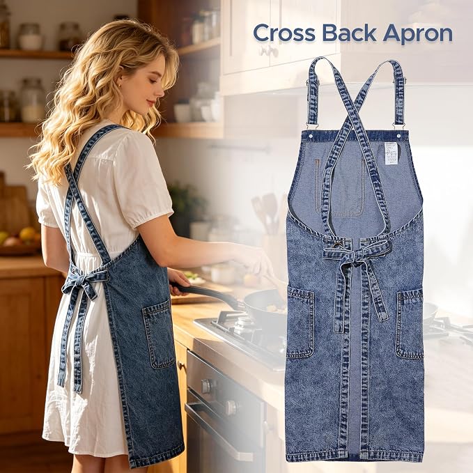 Denim Chef Apron for Women with Pockets, Jean Waitress Server Kitchen Apron for Men Cooking Gardening Painting
