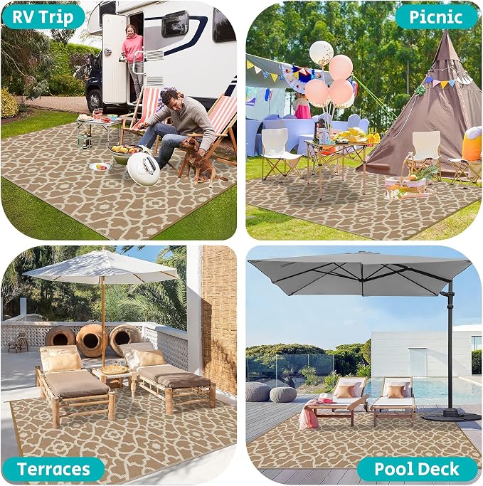 HEBE Outdoor Rug Waterproof 8x10, Plastic Straw Rug Camping Rug, Reversible Outdoor Patio Rugs RV Mat Clearance, Indoor Outside Floor Carpet for Porch,Deck,Camper,Balcony,Backyard