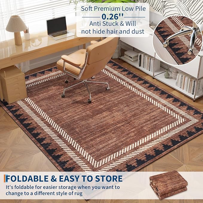 GarveeHome Washable Rugs 5x7 Christmas Rug Solid Bordered Geometric Xmas Rugs for Living Room, Modern Neutral Carpet Non Slip Soft Non Shedding Low Pile Throw Rug for Bedroom Dining Room