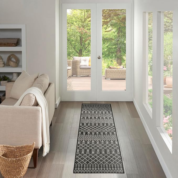 Nourison Home Positano Black 2'2" x 12' Area Rug - Easy Clean, Non Shedding, Bed Room, Living Room, Dining Room, Kitchen (12' Runner)