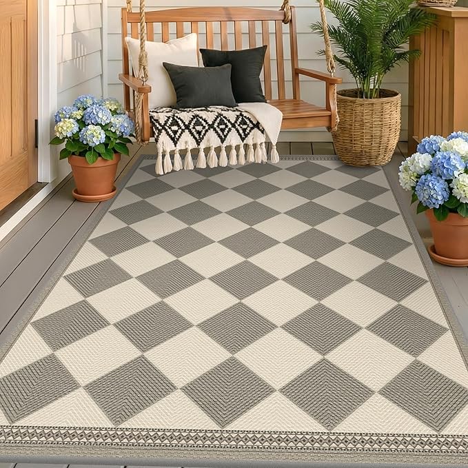 Diamond Corner Easy Jute Rug 4x6, Large Checkered Farmhouse Indoor Outdoor Patio Carpet for Backyard, Porch Decor, Low Profile Washable Non Slip Light Gray Area Rug for Living Room, Bedroom, Entryway