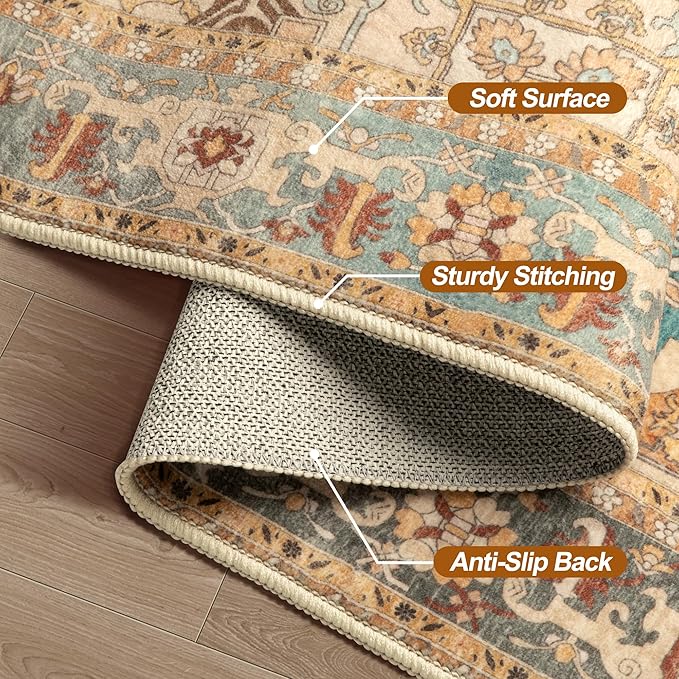 Tangsoo 2x5 Washable Runner Rug for Hallways, Oriental Non Slip Rug Runner | Boho Soft Low Pile Long Rug Runner, Vintage Print Indoor Carpet Runners for Entryway Kitchen Bedroom Bathroom Rusty Orange