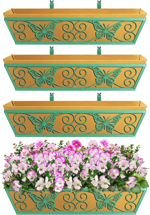 4 Pack 24 Inch Window Boxes Planters Railing Planter Box with Adjustable Brackets for Porch Fence Patio Balcony Hanging Flower Baskets with Woven Fabric for Outdoor Garden Decor - Green