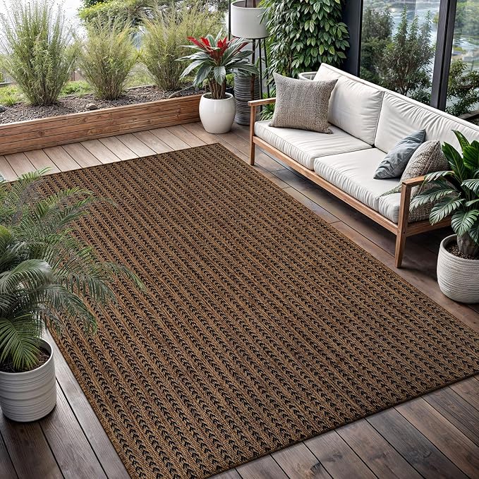 Washable Outdoor Rug 10x14 Modern Area Rugs Outdoor Carpets Striped Pattern Non Shedding Waterproof Easy Clean Patio Deck Porch Living Room Bedroom Garden RV (10 X 14 Gold)