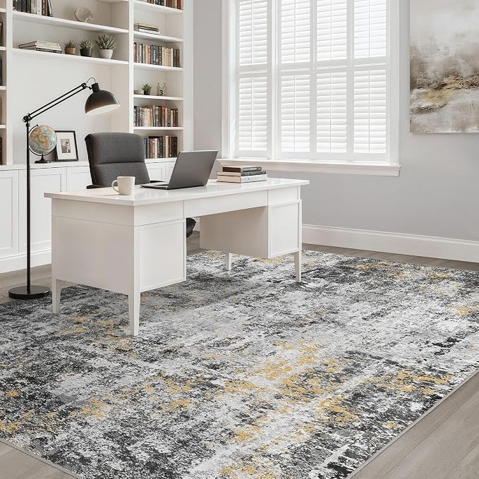 LOONGRUG 7x9 Area Rug Washable Neutral Modern Living Room Rug Black Gold | Abstract Soft Stain Resistant Indoor Non-Slip Carpet for Bedroom Nursery Kids Office Playroom Dining Room