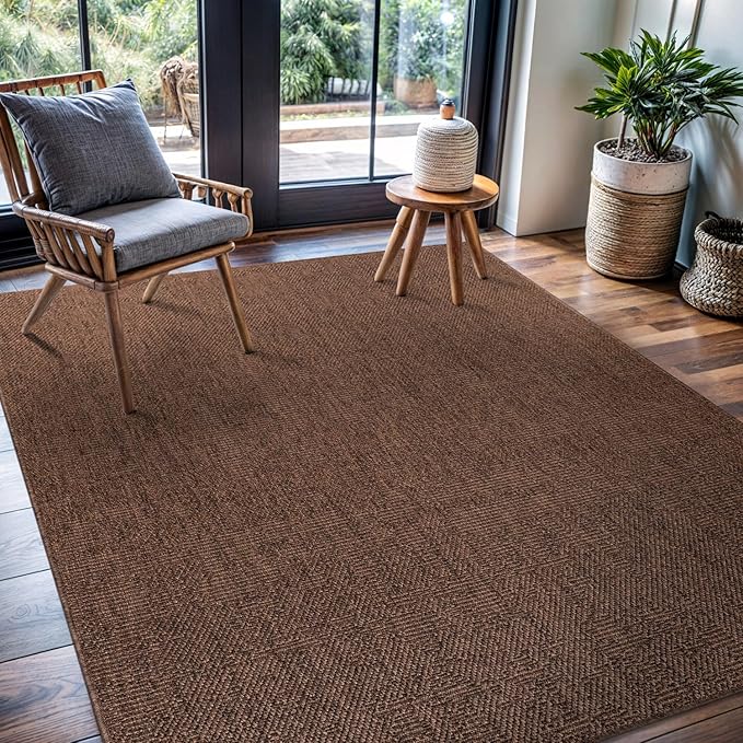 CAMILSON Easy Jute Rug 4x6, Indoor Outdoor Brown Color Fiber Area Rugs for Living Room Patio and Kitchen Rug, Solid Boho Woven Design, Easy-Cleaning, Washable Outside Carpet Alfombras (4 x 4)