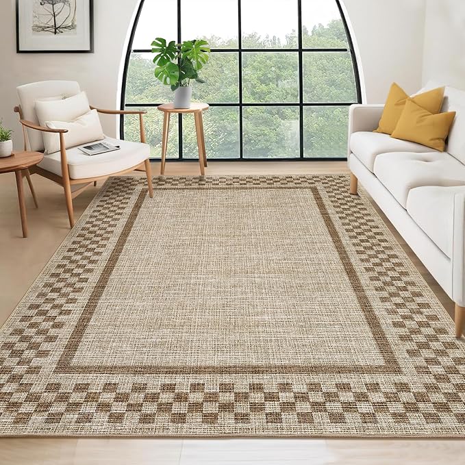 GarveeHome Area Rug 9x12 Living Room Rug Washable Checkered Area Rugs | Bordered Soft Large Rugs for Bedroom Dining Room Throw Carpet Non Slip Stain Resistant Geometric Rugs for Home Office, Taupe