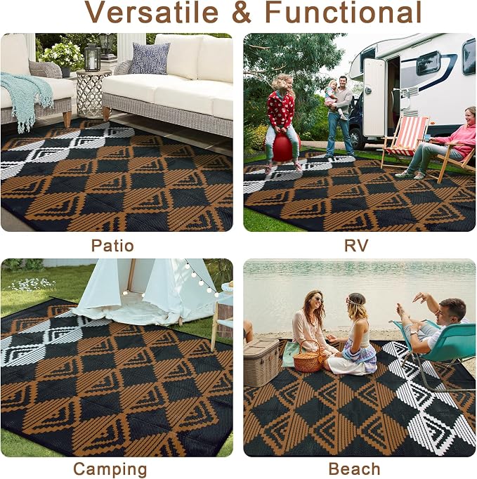 Beeiva Large Outdoor Rug 9x12 Waterproof for Patio, Reversible Plastic Straw Outdoor Rug for Backyard, Deck, Outdoor Furniture, Black Brown