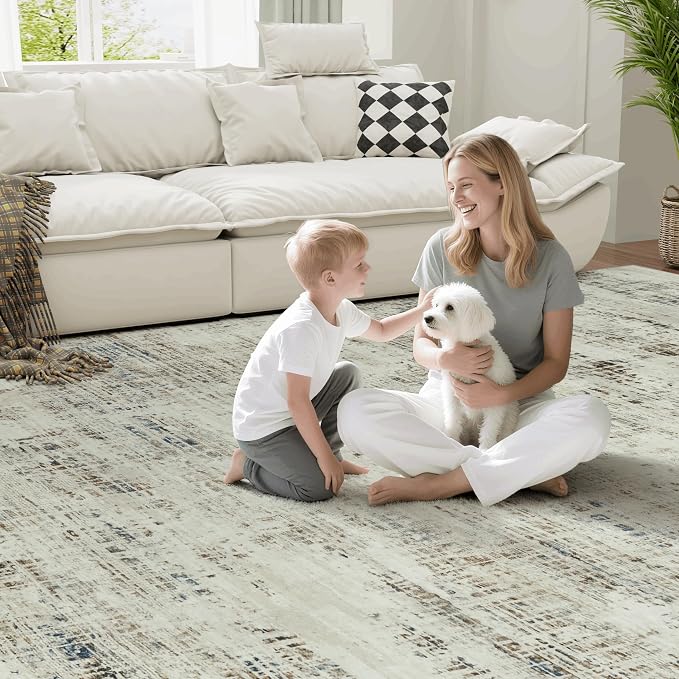 8x10 Washable Area Rug for Living Room Bedroom: Non-Slip Modern Gray White | Machine Washable TPR Backing, Stain-Resistant Low Pile, Pet & Kid Friendly, Abstract Decor for Dining Room, Dorm, Home Office