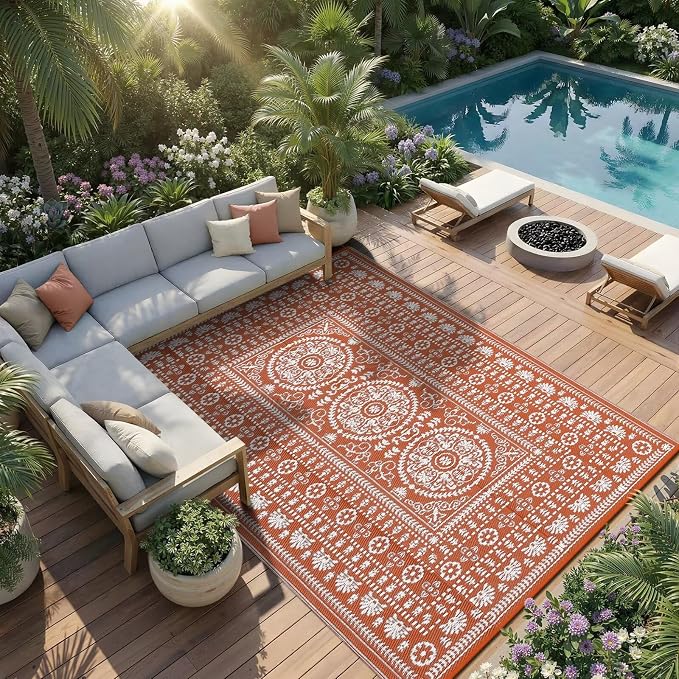 Garvee Reversible Outdoor Rug 5x8 for Patio, Waterproof Outdoor Area Rug, Boho Medallion Indoor Outdoor Carpet for Porch, Plastic Straw Rug for RV, Camping, Deck, Vintage Terracotta