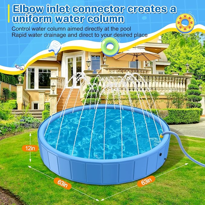 Foldable Dog Pool, 63in Large Sprinkler Pool with Cover, Heavy Duty Dogs Splash Pad with Sprinkler Bathtub for Large Medium Small Pets Summer Outside Water Playing