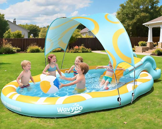 Inflatable Toddler Pool with Slide & Canopy, Backyard Kiddie Pool for Kids | Large Size 126"*72"*52", Thickened Durable, Soft Buffer Pad