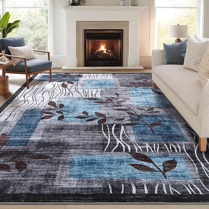 GarveeHome Living Room Rug 5x7 Washable Rug, Floral Checkered Geometric Throw Rugs for Dinning Room Bedroom Modern Floral Carpet Low-Pile Contemporary Accent Carpet for Farmhouse Apartment 5x7