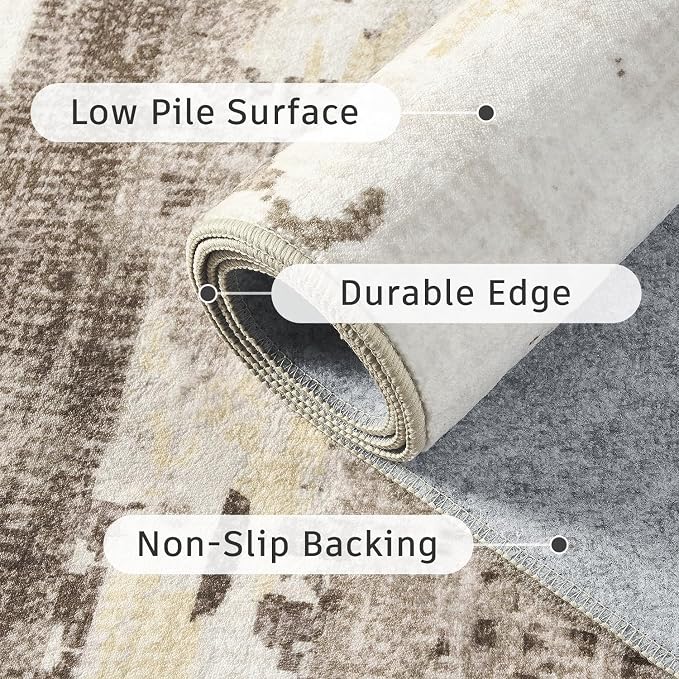 DCX Washable Abstract Area Rug 9x12, Non Slip Low Pile Rug, Brown | Easy to clean, non-shedding, soft, kid & pet friendly, with a non-slip rubber backing for living rooms, bedrooms, and offices