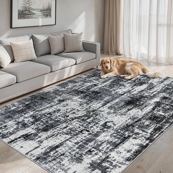 PLHXFR 6x9 Area Rug Living Room: Modern Abstract Washable Carpet Black | For Bedroom Dining Room Farmhouse Nursery Home,Machine washable,Non Slip,Large Soft Neutral,Stain Resistant, Indoor Floor