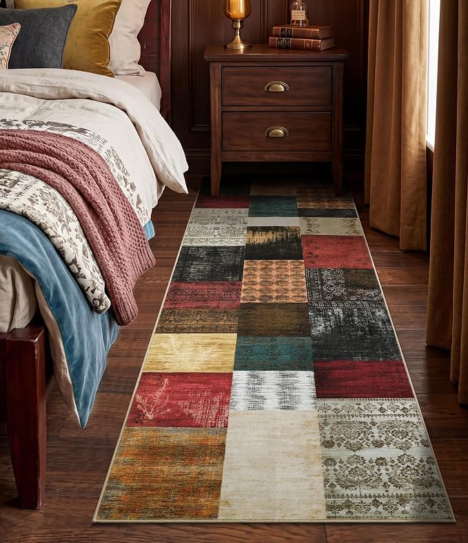 Mid Century Modern Vintage Cowboy Runner Rug 2x6,Retro Patchwork Bedroom Rug,Red and Brown Floral Farmhouse Rugs Washable for Hallway Non Slip,Geometric Boho Area Rugs for Living Room