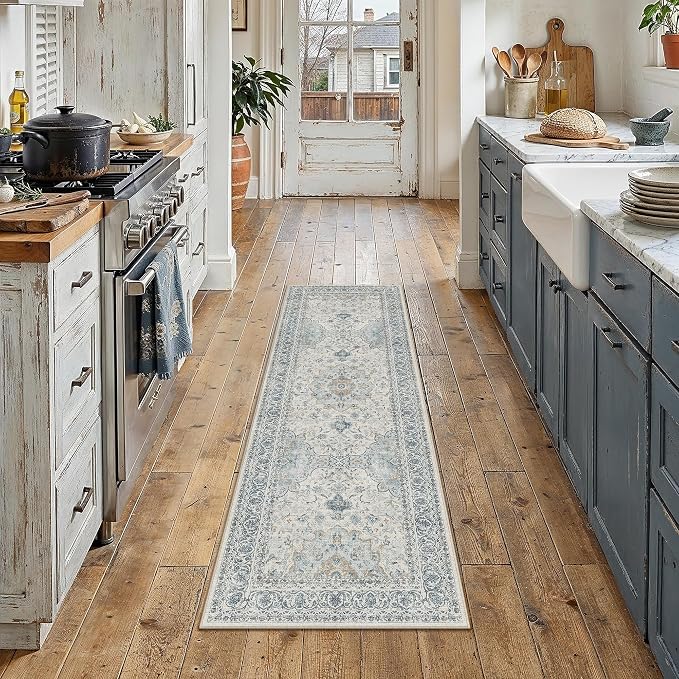 2x6 Washable Runner Rug Navy Blue Non Slip Vintage Carpet | Low Pile, Stain Resistant, Living Room, Kitchen, Bedroom, Entryway, Laundry Room, Hallway, Soft, Thin, Lightweight