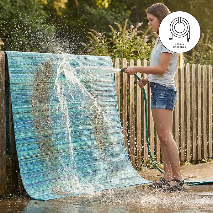 Fab Habitat Outdoor Rug - Waterproof, Fade Resistant, Crease-Free - Premium Recycled Plastic - Striped - Patio, Deck, Porch, Balcony, Laundry Room - Cancun - Turquoise & Moss Green - 4 x 6 ft