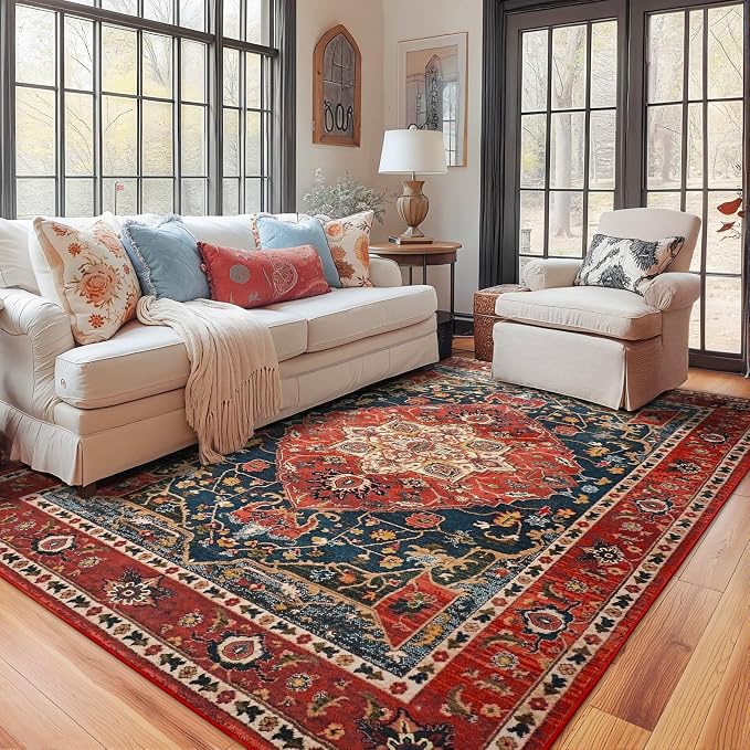 YJ.GWL Area Rugs for Living Room 5x7 Machine Washable Rugs, Non Slip Floral Vintage Rug Indoor Carpet, Stain Resistant Large Rug for Bedroom Dining Room, Orange-Red