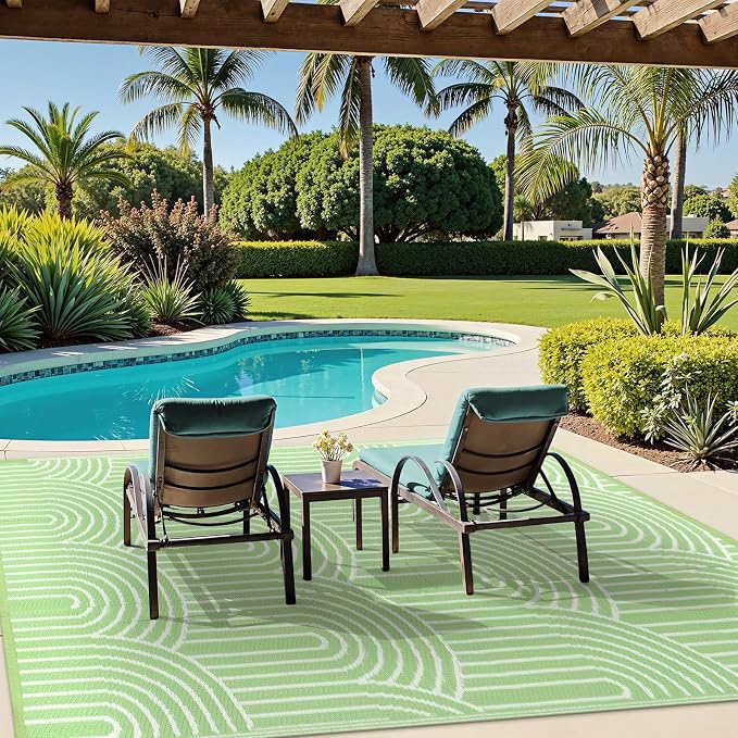 Anidaroel Patio Rugs Outdoor 6’x9’ Clearance Waterproof, Reversible Rainbow Outdoor Plastic Straw Outside Rugs, RV Outdoor Rugs for Camping, Porch, Balcony, Backyard (Green, 6‘X9')