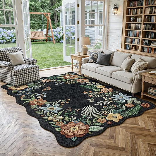 FMFUNCTEX 5x7 Washable Black Floral Vintage Flower Area Rug for Living Room | Colorful Traditional Boho Distressed Soft Non Slip Low Pile Large Indoor Thin Carpet Bedroom Dining Room Nursery, Black/Grey