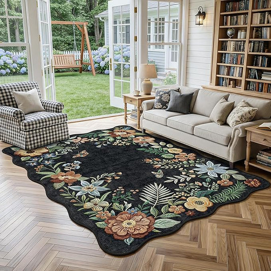 FMFUNCTEX 6x9 Washable Black Floral Vintage Flower Area Rug for Living Room | Colorful Traditional Boho Distressed Soft Non Slip Low Pile Large Indoor Thin Carpet Bedroom Dining Room Nursery, Black/Grey