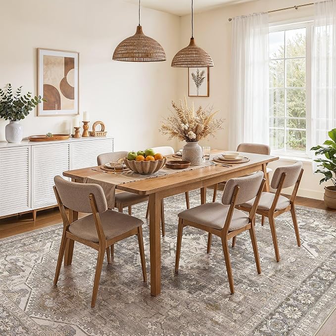 DTICON Vintage Washable 9x13 Area Rug Living Room Rugs, Taupe | Boho Distressed, Pet & Kid Friendly, Non-Slip Backing, Soft Polyester, Low-pile Carpet for Living Room, Bedroom, Dining Room