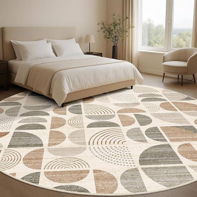 Round Rugs 9ft,Circle Area Rug Washable Non Slip Modern Abstract | Circular Rugs for Living Room Dining Room Large Boho Throw Carpet Soft Low Pile Floor Indoor Bohemian Neutral Beige