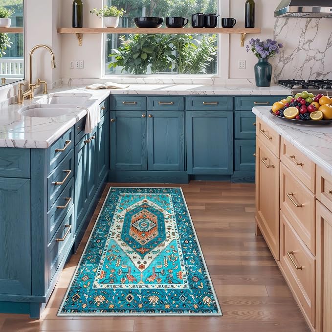 SERISSA 2x4 Washable Non Slip Boho Runner Rug for Entryway，Blue | Ultra Soft Vintage Oriental Carpet Low-Pile Tribal Entrance Carpet for Kitchen Bedroom Hallway Laundry Room Bathroom