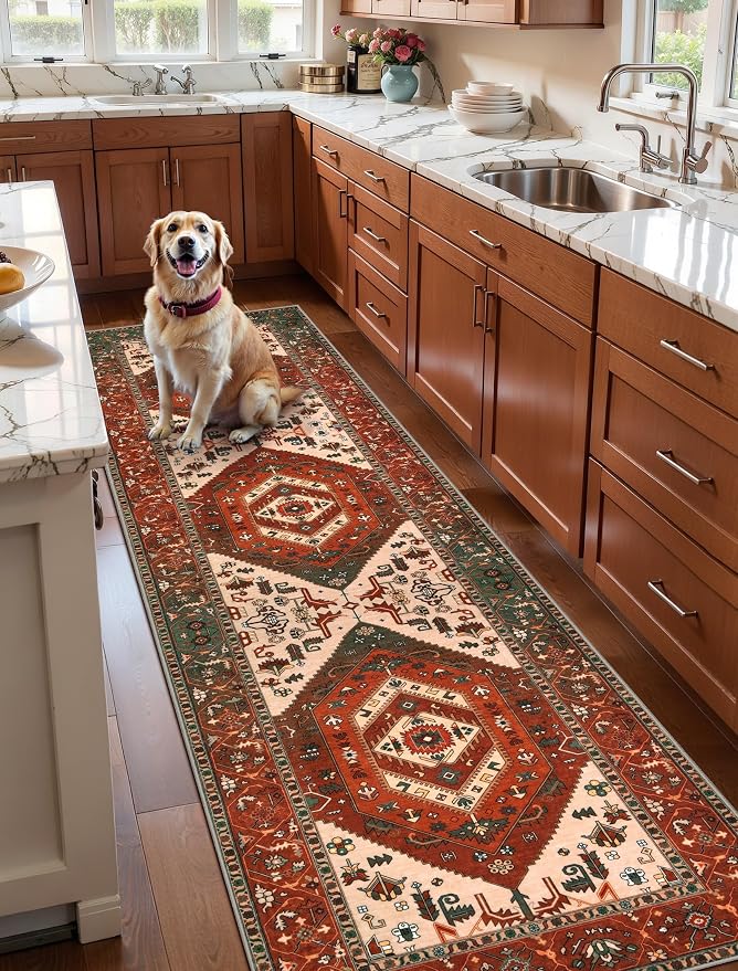 SERISSA 2'6"x8' Washable Non Slip Boho Runner Rug for Hallway | Ultra Soft Vintage Oriental Carpet Low-Pile Terracotta Green Floor Carpet for Kitchen Bedroom Bathroom Laundry Room