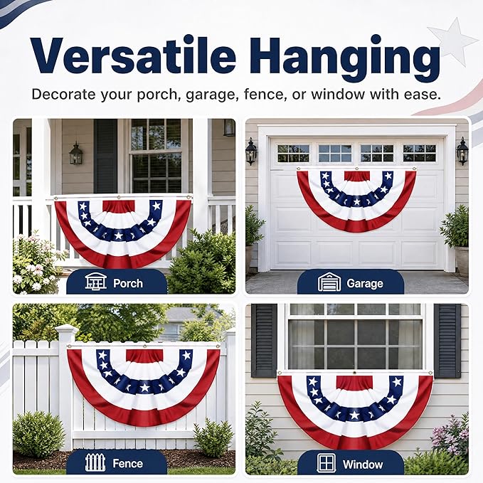 6 Pack USA Pleated Fan Flags - 6x3 FT Large American Flag Bunting for Outside, Red White Blue Bunting Banner with Brass Grommets, Patriotic Porch Decor for Independence Day, July 4th, Memorial Day