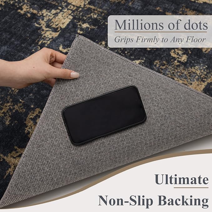 Sasttie 3x5 Entryway Area Rug, Modern Abstract Small Carpet, Black & Gold | Machine Washable, Ultra-Soft Faux Wool, Non-Slip, Low Pile, Throw, Thin, for Entrance, Door-Mat, High-Traffic Areas
