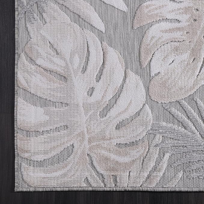 CAMILSON Indoor Outdoor Rug, Beige 10’x14’ Leaf Tropical Botanical Area Rugs for Indoor and Outdoor patios, Easy-Cleaning Non-Shedding Living Room, Garden and Kitchen Washable Outside Carpet (10x14)