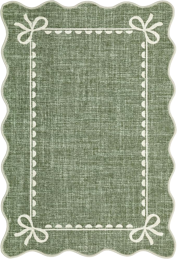 GarveeHome Scalloped Entryway Rug 2x3 Washable Front Door Bow Rug, Green | Non Slip Soft Low Pile Ultra-Thin Stain Resistant Indoor Carpet for Girls Dorm Nursery Bedroom Decor Hallway Kitchen Floor