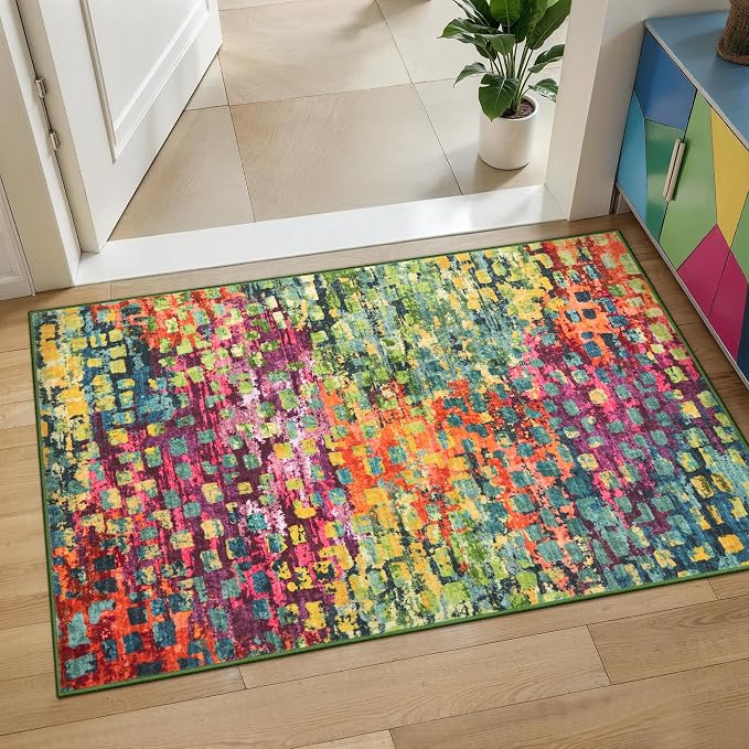 Tangsoo Colorful 2x3 Washable Rugs for Entryway, Abstract Small Area Rug | Modern Low Pile Soft Throw Rugs, Contemporary Indoor Front Door Mat Rug for Entrance Entry Foyer Kitchen Colorful Home Decor