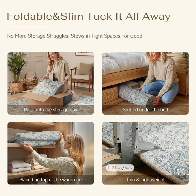HUGEAR 2x3 Entryway Area Rug Retro Light Blue Small Rug Machine Washable Door Mat Vintage Floral Low Pile Carpet Distressed Throw Rug Entrance Kitchen Bedroom Non Slip Soft Lightweight