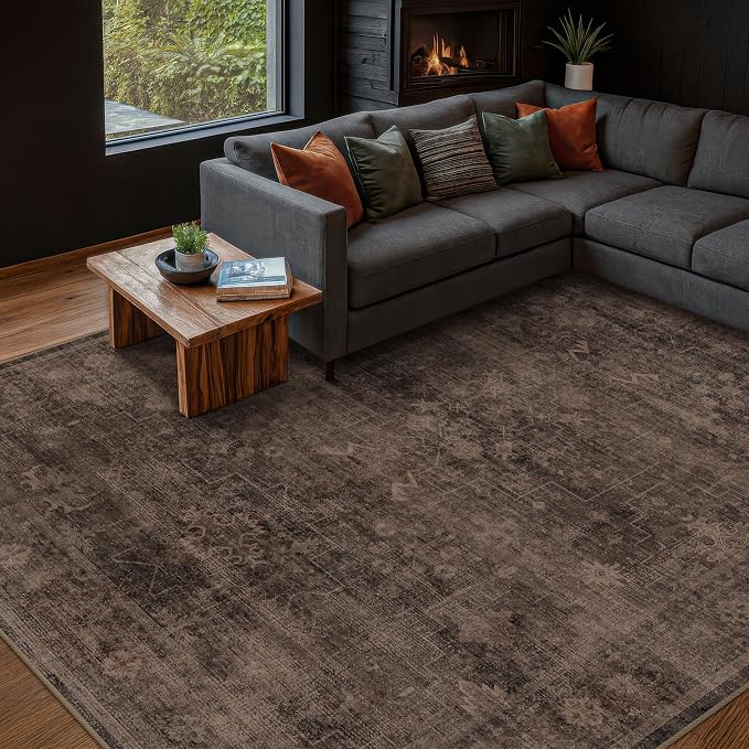 Farmhouse Dark Taupe Brown Rug for Dining Room Table- 6x9 Large Area Rugs for Living Room, Vintage Boho Washable Rug for Bedroom with Distressed Geometric Design, Stain Resistant Low Pile Non-Slip