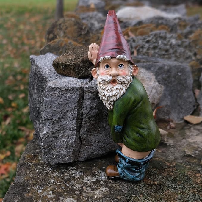 Gnome Statue - 10.3" Tall Polyresin - Willy The Peeing Garden Gnome for Lawn Ornaments, Indoor or Outdoor Decorations - Red and Green Funny Gnomes