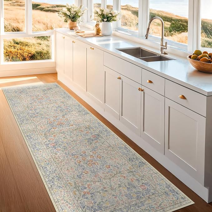 Floral 3x8 Wide Hallway Runner - Beige Blue with Lilic Accent, Boho Forest Decor, Washable Low Pile Non Slip Stain Resistant Rug for Long Kitchen, Large Bathroom, Hall Way