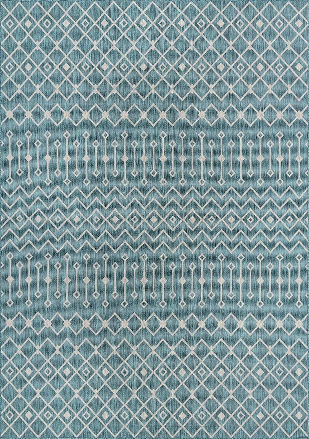 Unique Loom Outdoor Trellis Collection Area Rug - Tribal Trellis (10' x 14' 1" Rectangle, Teal/ Ivory)