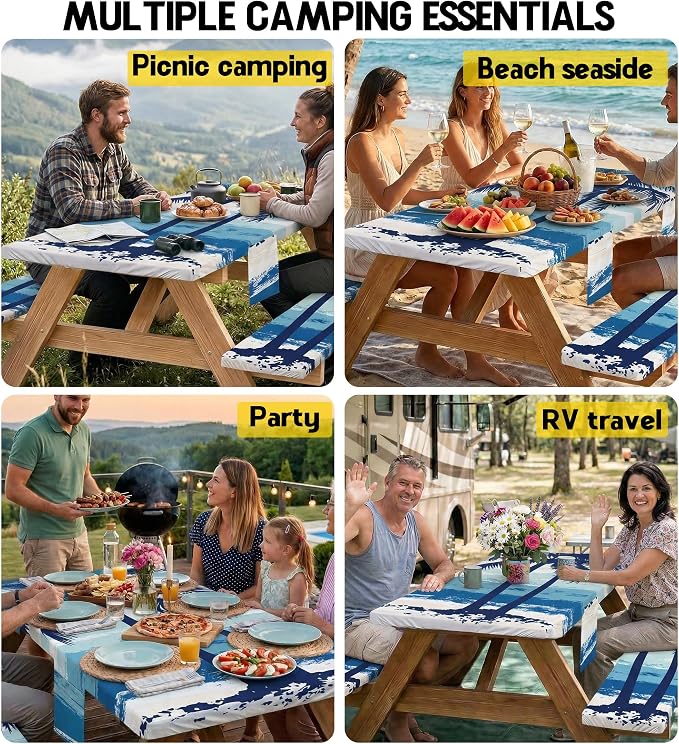 Picnic Table Cover with Bench Covers Waterproof Fitted Table Cloth Tablecover Camp Camper Camping Essentials Outdoor Summer Beach River Water Motorhome Trailer Road Trip Tent Rv Car Travel Activities