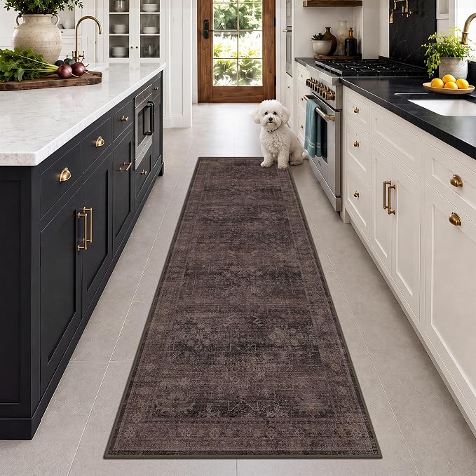 Washable 2'6"x8' Runner Rug for Hallway, Kitchen & Entryway, Dark Taupe Brown Long Runner Carpet, Low Pile Non-Slip, Traditional Vintage Distressed Geometric Design, Stain Resistant, Easy Clean