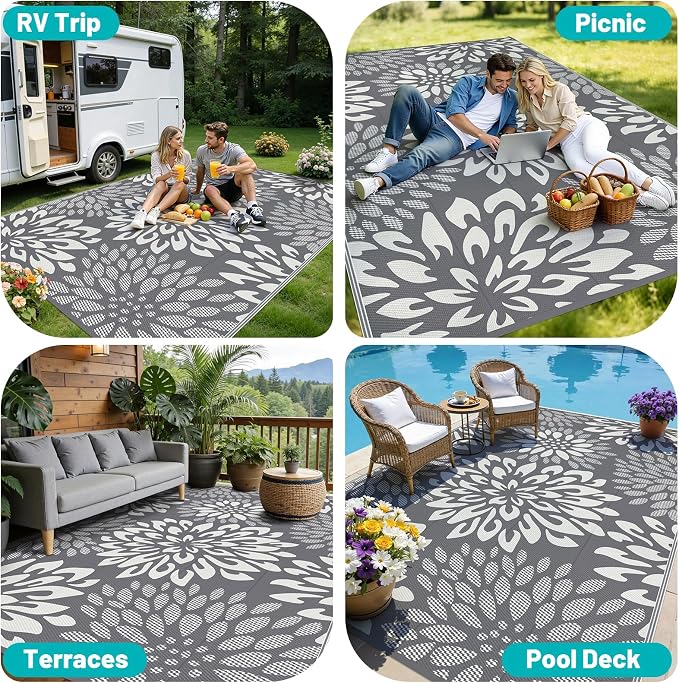 HEBE Waterproof Outdoor Rug 8x10 for Patios, Floral Reversible Plastic Straw Rug Patio Mat, Indoor Outdoor Carpet RV Mat Camping Rug for Deck, Camper, Porch, Balcony, Backyard, Picnic