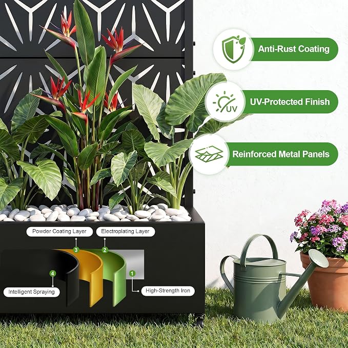 Casaphoria Metal Raised Garden Bed with Trellis and Wheels, 72"x35"x16" Planter Box for Climbing Plants, Vegetables & Vines, Features Drainage Holes and Privacy Screen (Black-Star)