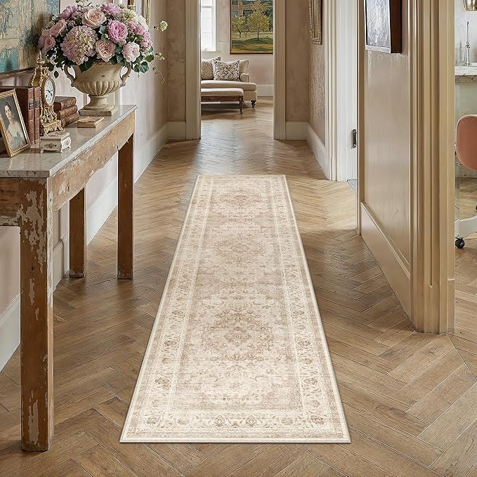 2x8 Beige Washable Runner Rug Non Slip Vintage Carpet | Low Pile, Stain Resistant, Living Room, Kitchen, Bedroom, Entryway, Laundry Room, Hallway, Soft, Thin, Lightweight