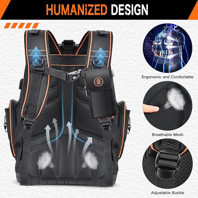 Tool Backpack with 2 Small Tool Bags – LOKASS Heavy Duty Backpack Tool Bag with Molded Base,1680D Tool Organizer with Laptop Compartment & Combination Lock, Water-Resistant Electrician & HVAC Tool Bag