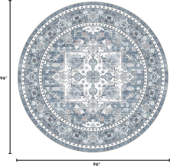 Washable Area Rug-8X8 Vintage Neutral Soft Blue | Non Slip Thin Foldable Large Floor Carpet for Living Room Bedroom Kitchen Dining Room Home Office Farmhouse Indoor