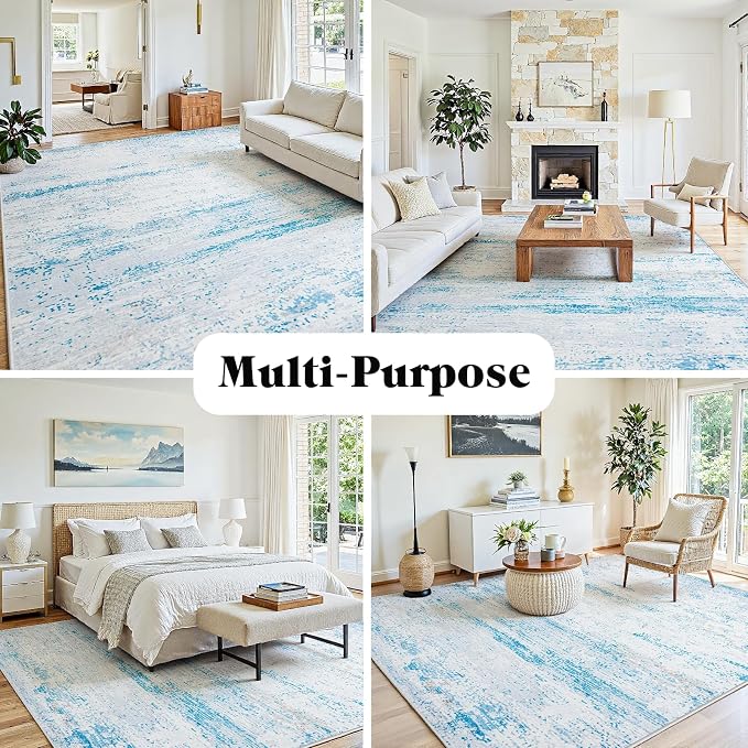 6x9 Washable Area Rug for Living Room Bedroom: Non-Slip Modern Light Blue | Machine Washable TPR Backing, Stain-Resistant Low Pile, Pet & Kid Friendly, Abstract Decor for Dining Room, Dorm, Home Office